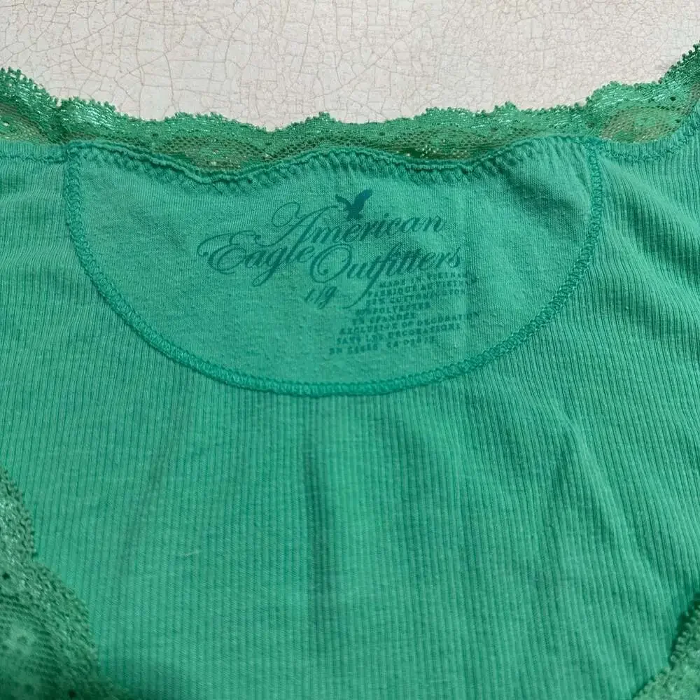 Vtg Y2K American Eagle Outfitters Ribbed Lace Trim Cami Tank Top Green - Picture 4 of 8